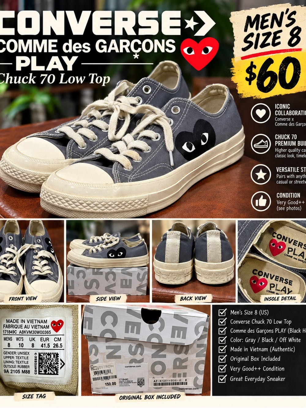Converse x Comme des Garçons PLAY Chuck 70 Low Top Gray Men’s Size 8 CDG